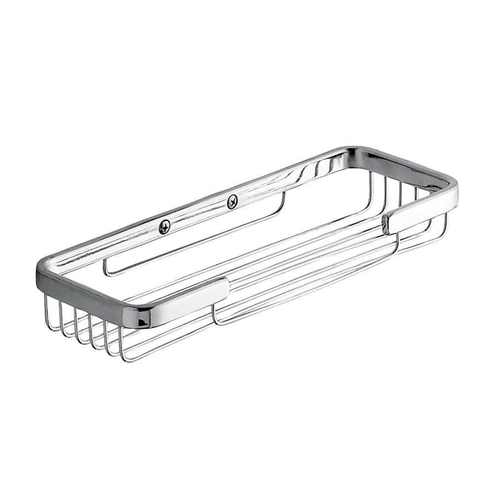 Dakota double basket chrome finished metal shower caddy with rectangular wire mesh design and rounded corners