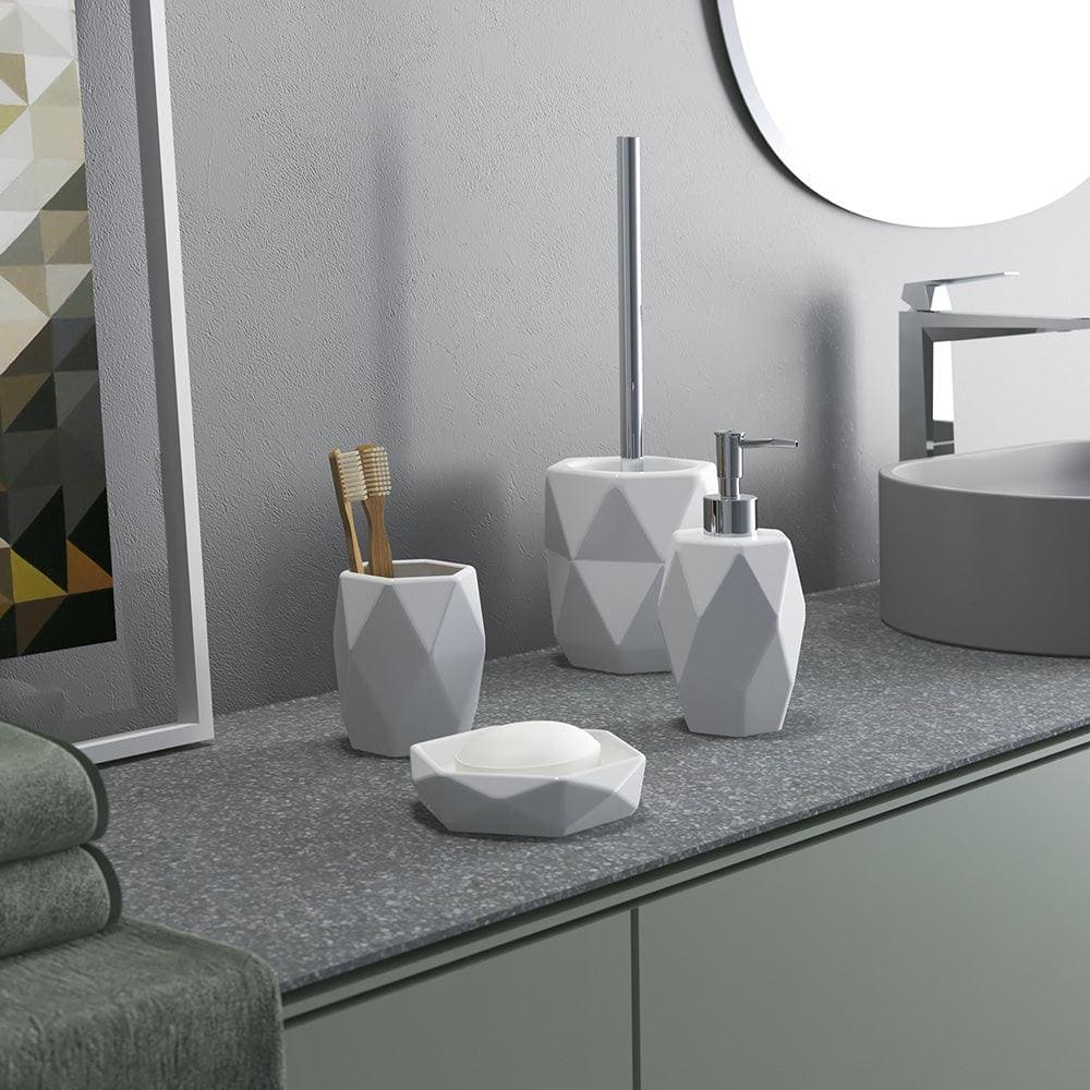 Geometric white ceramic bathroom accessory set with faceted design featuring dalia tumbler white