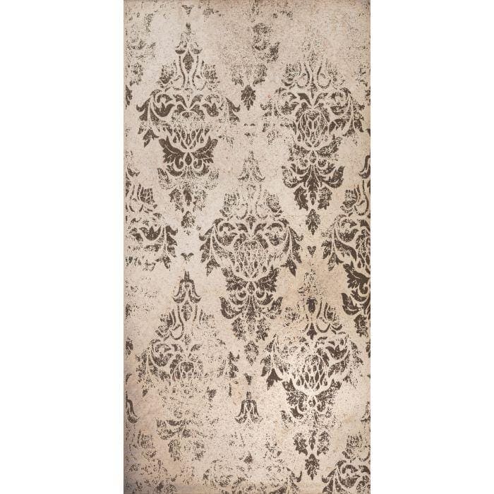 Beige rug with dark brown damask pattern featuring a distressed rose gold style for elegant home decor