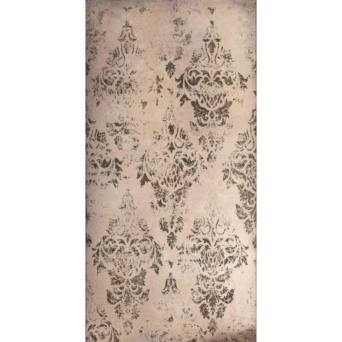 Beige damask wallpaper with a distressed vintage-inspired dark gray pattern in a damask distressed rose gold design