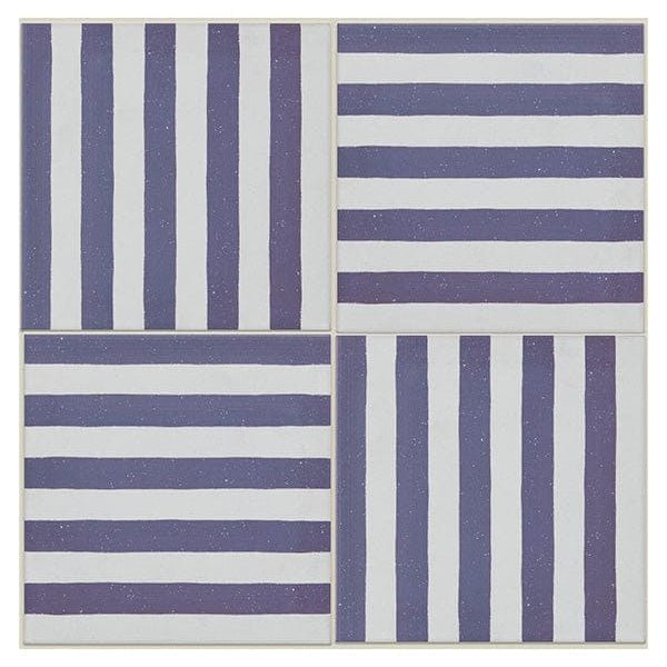Square ceramic deck chair porcelain royal blue tiles with alternating vertical and horizontal navy blue white stripes