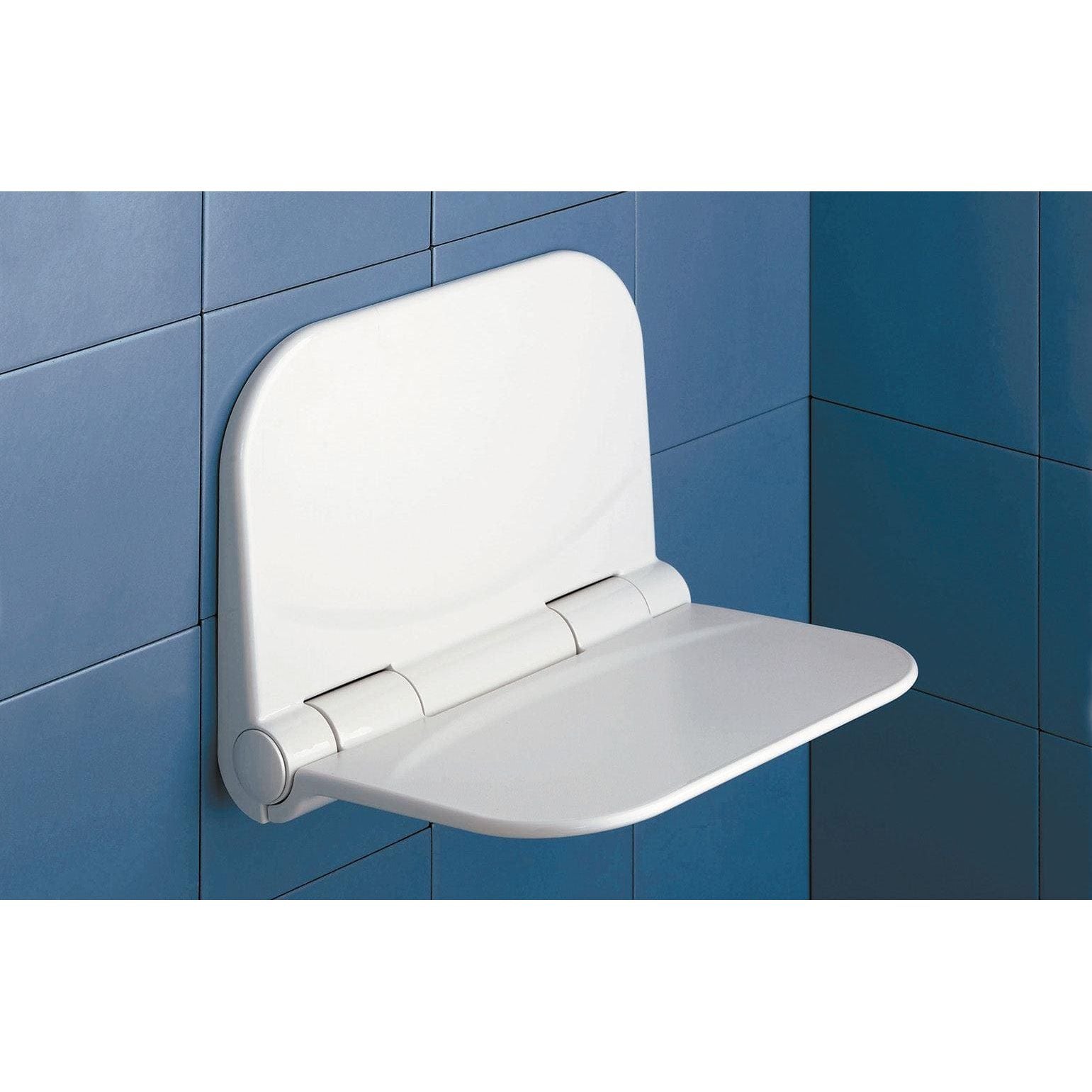 White plastic foldable wall-mounted shower seat with smooth rounded design from dino shower seat white series