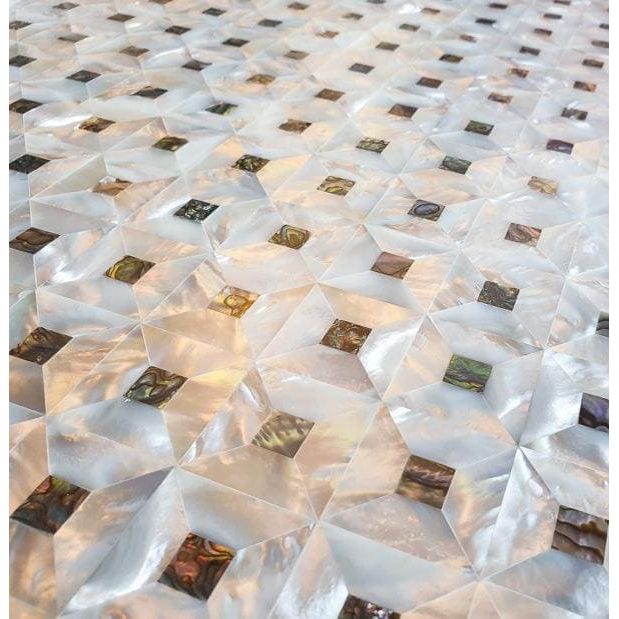Shiny iridescent Feature Panel Gemstone mosaic tile with geometric pattern of translucent white and dark brown squares