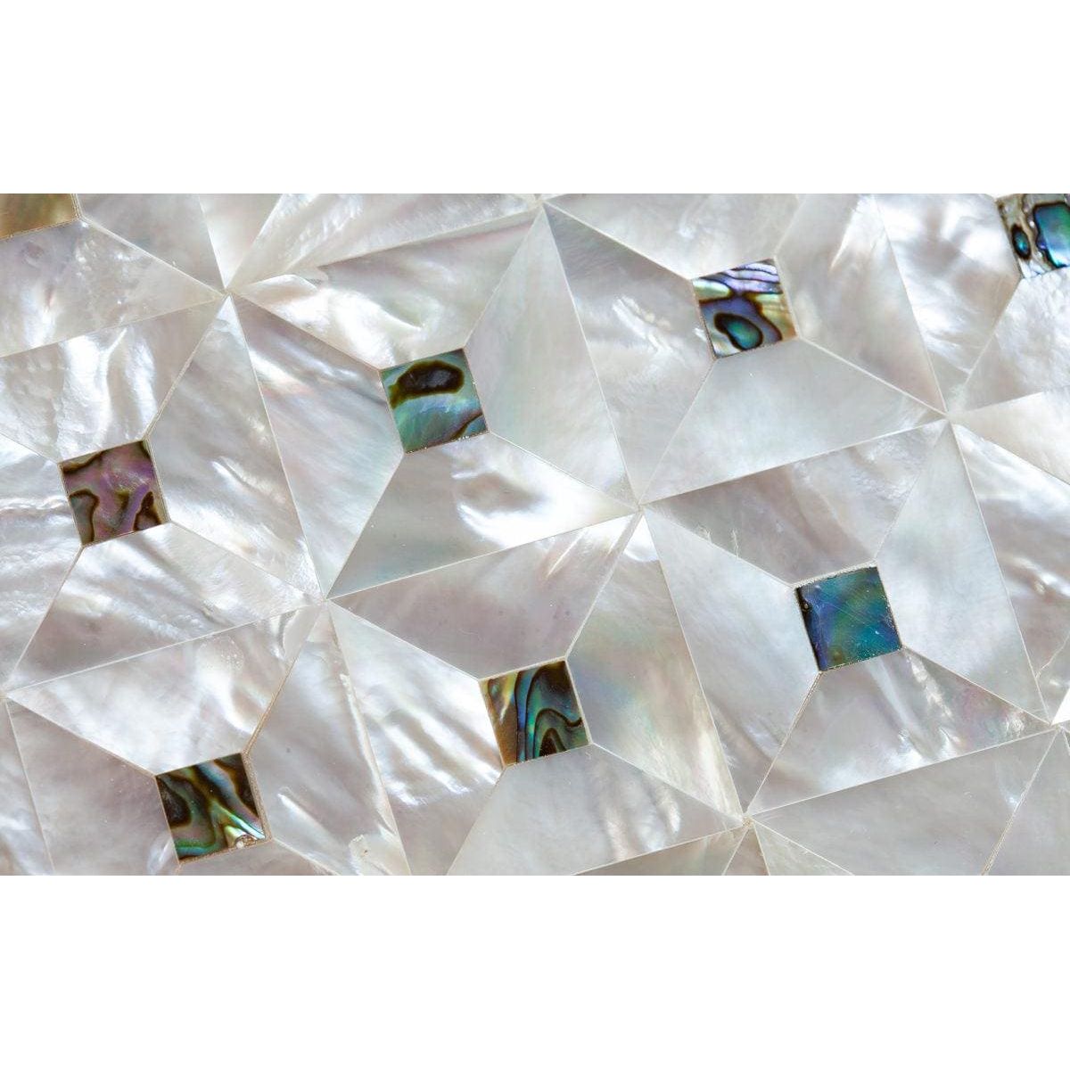Feature panel gemstone with iridescent abalone shell mosaic in geometric white triangles and blue green purple accents