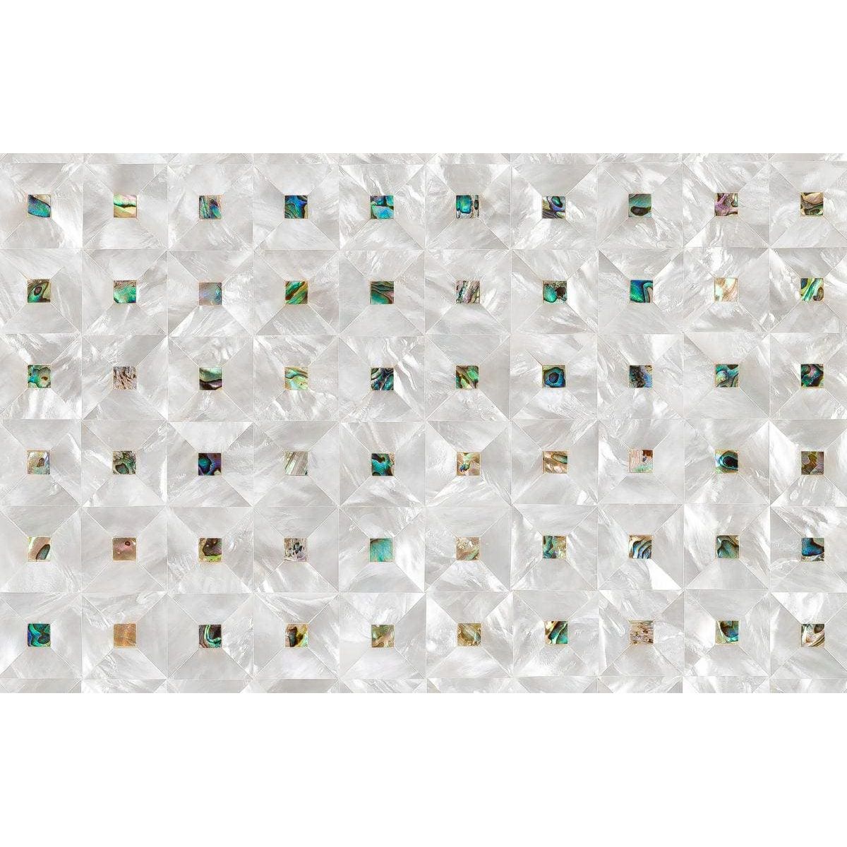 White abalone shell mosaic tile feature panel with iridescent green blue and gold gemstone accents