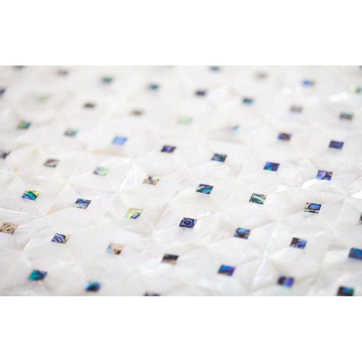 Feature panel gemstone white mosaic tile with iridescent blue and green accents for decorative wall use