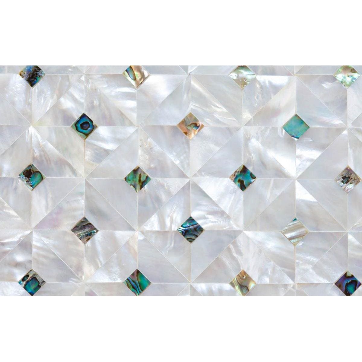 Feature panel gemstone with shimmering white mother-of-pearl mosaic and iridescent teal and gold abalone inlays in geometric pattern