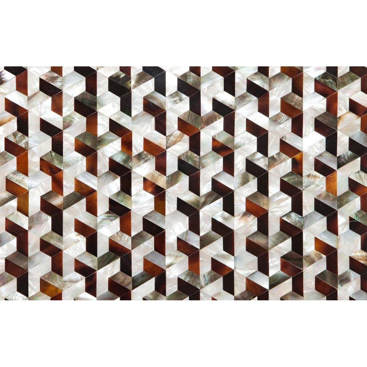 Feature panel interlock with geometric pattern of iridescent mother-of-pearl and dark brown tortoiseshell cubes