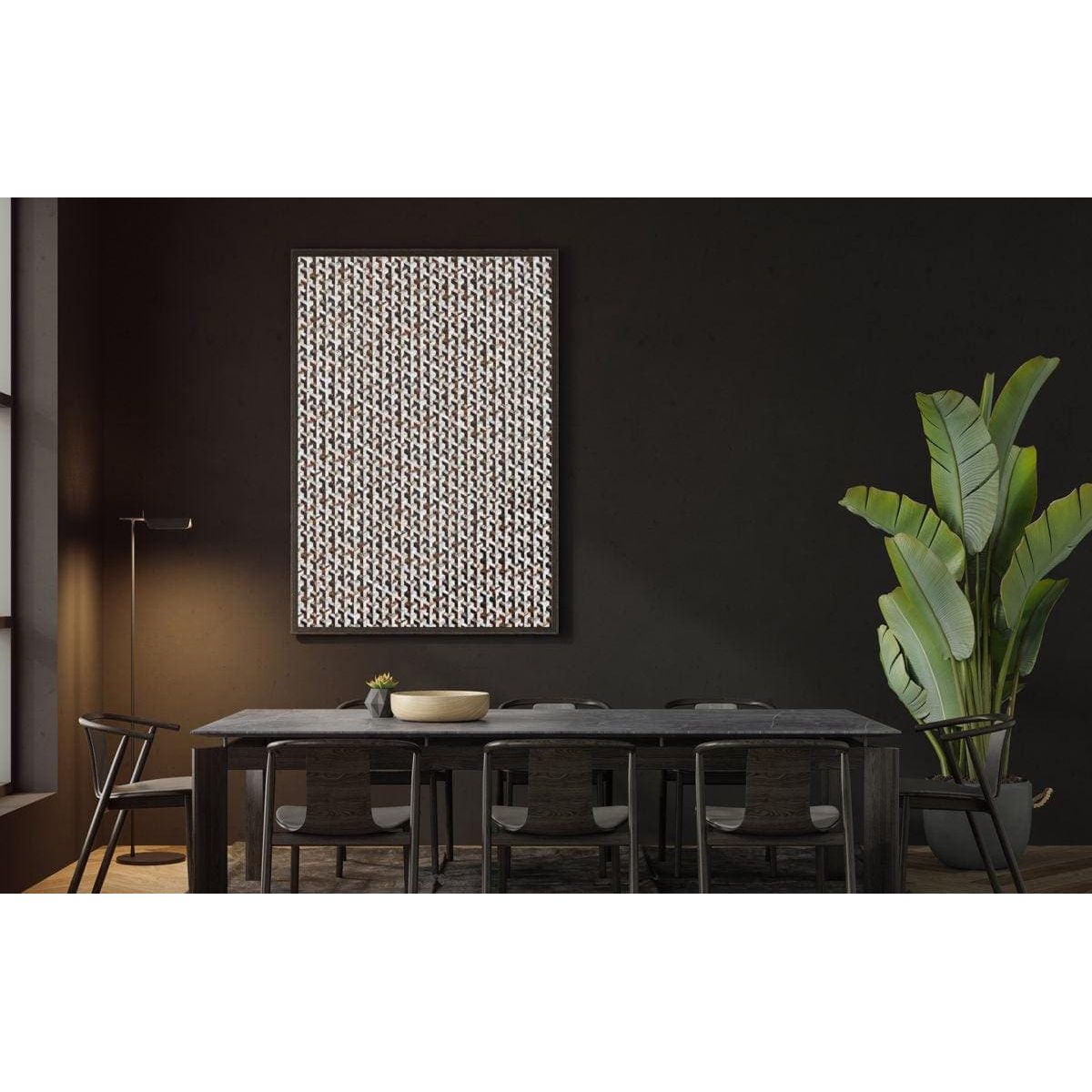 Black-framed feature panel interlock wall art with repeating white and gray geometric pattern in abstract design