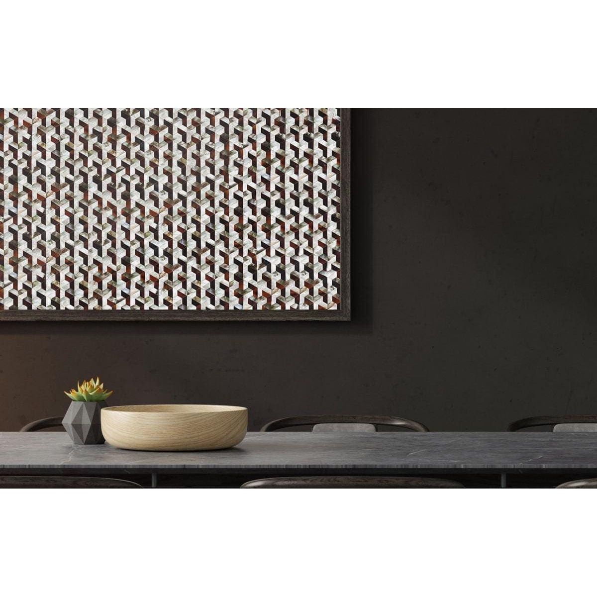 Feature Panel Interlock iridescent mother-of-pearl and tortoiseshell interlocking mosaic panel with a light wooden bowl