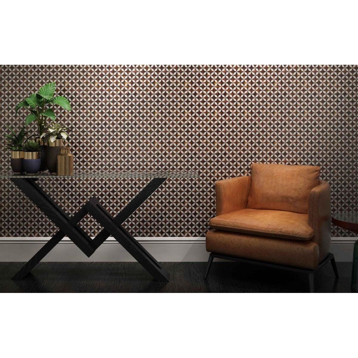 Feature Panel Starlink black and white mother-of-pearl star-pattern panel with a tan leather armchair