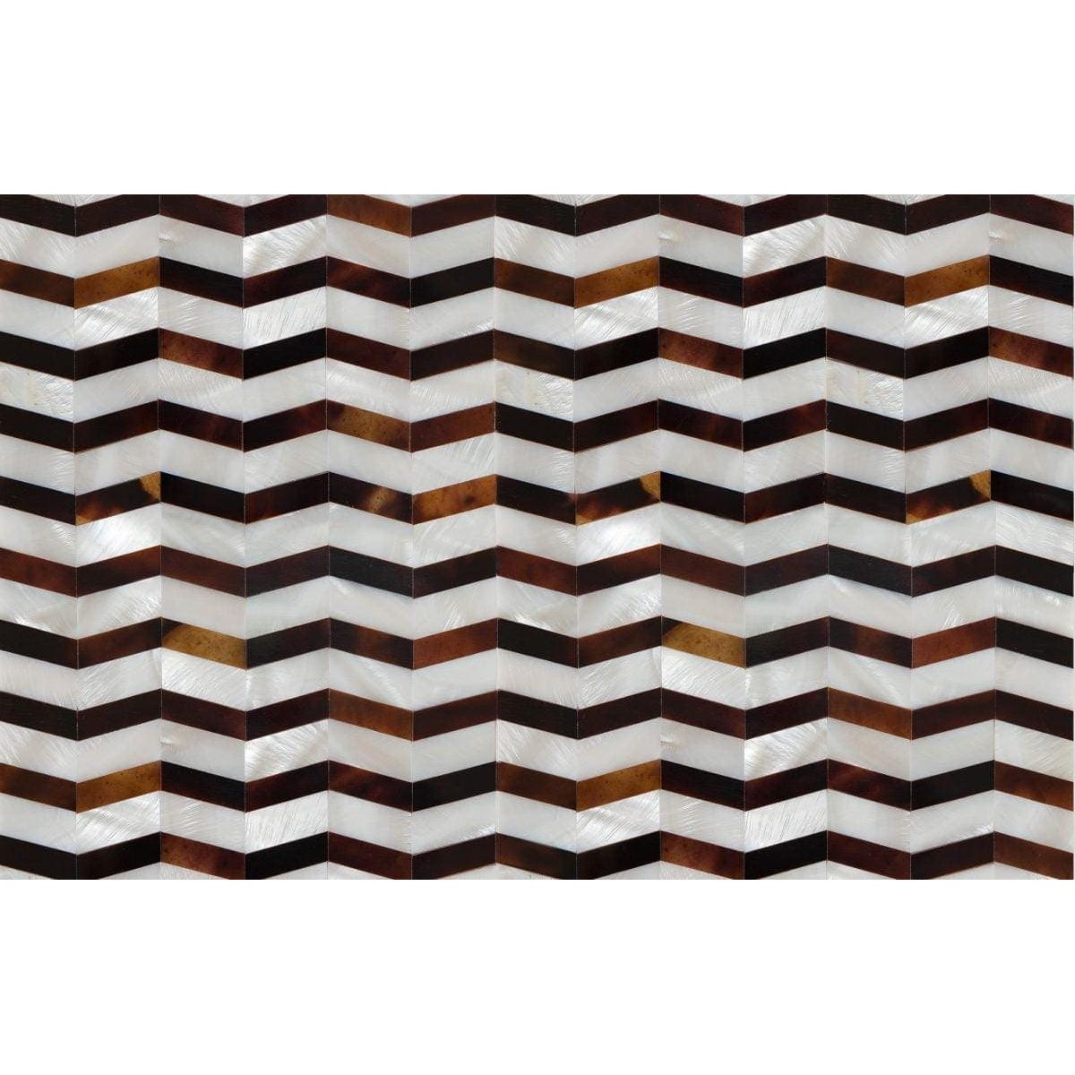 Feature panel wave chevron-patterned panel with alternating white and dark brown mother-of-pearl strips glossy finish