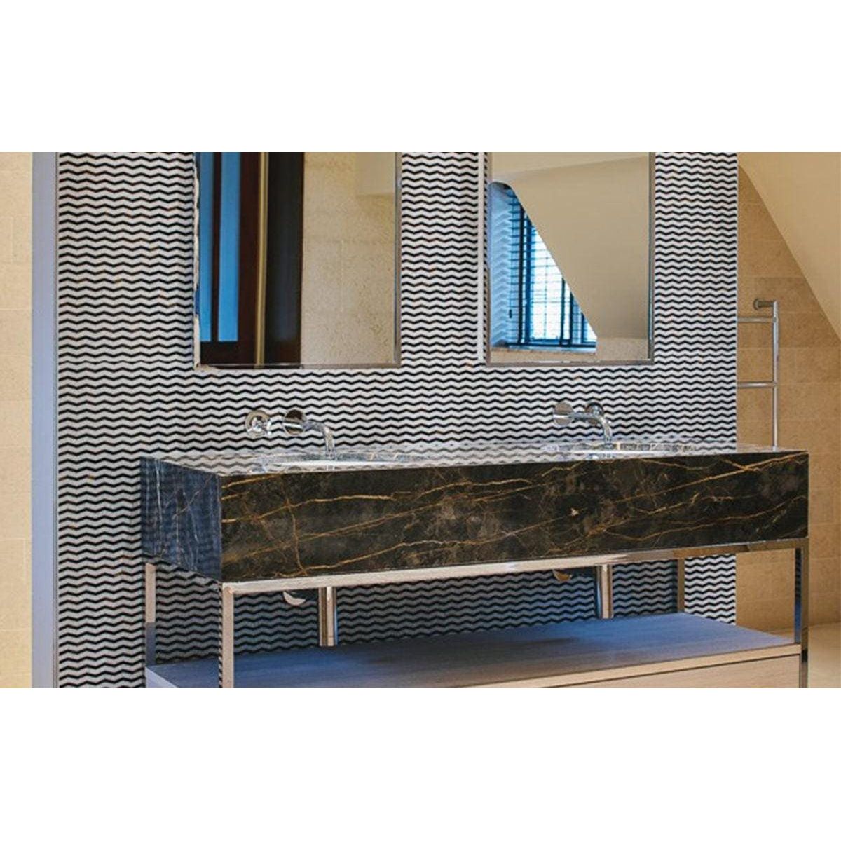 Feature Panel Wave white and brown chevron mother-of-pearl panel with a black marble vanity