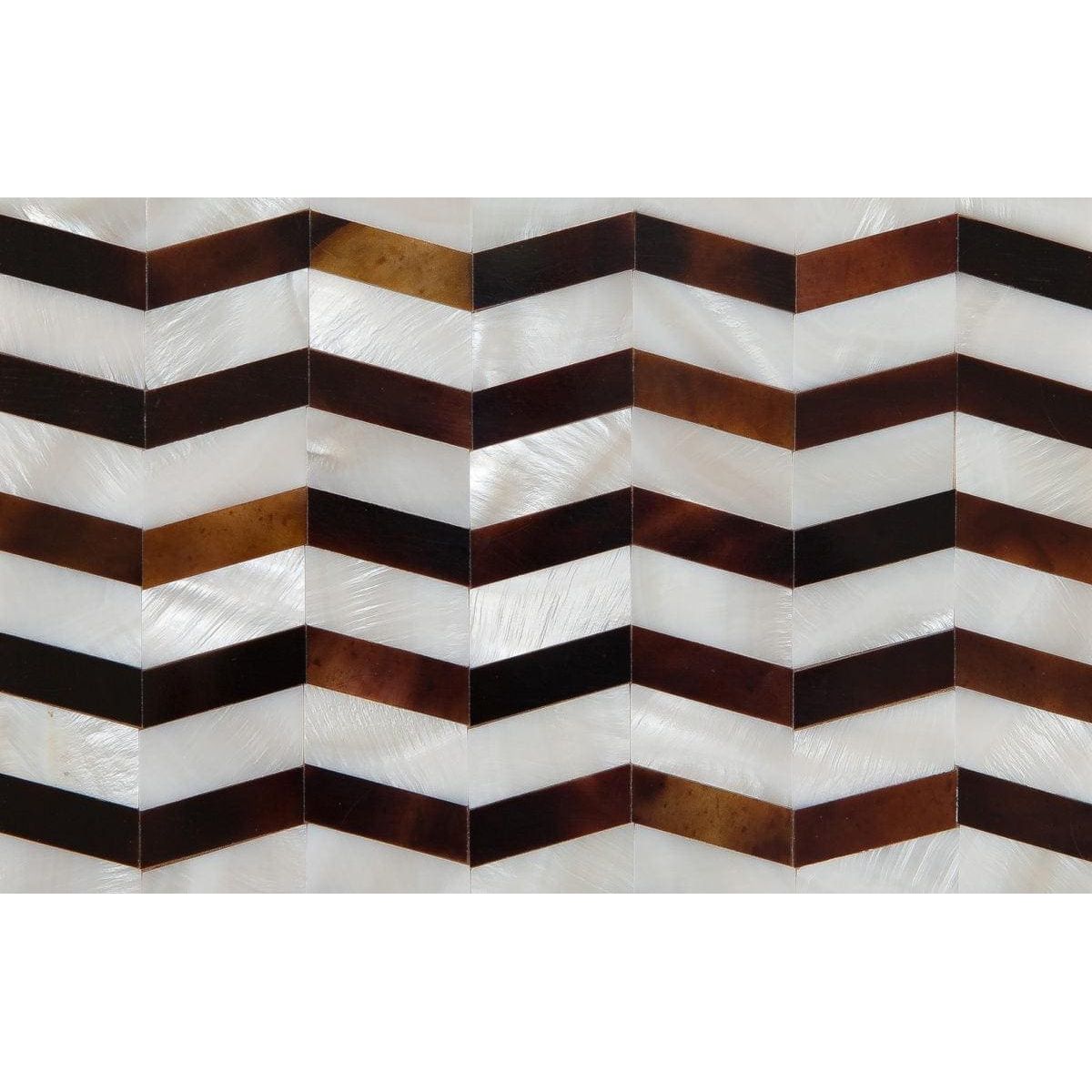Feature panel wave chevron mosaic tile panel with glossy white mother of pearl and rich brown tortoiseshell bands