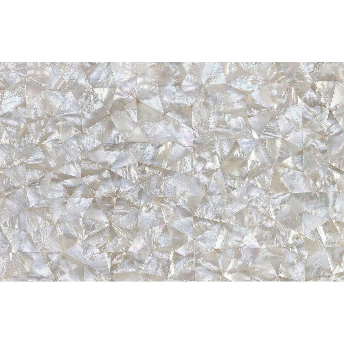 A shimmering white mother-of-pearl mosaic feature panel whisper with interlocking triangular pieces and iridescent finish