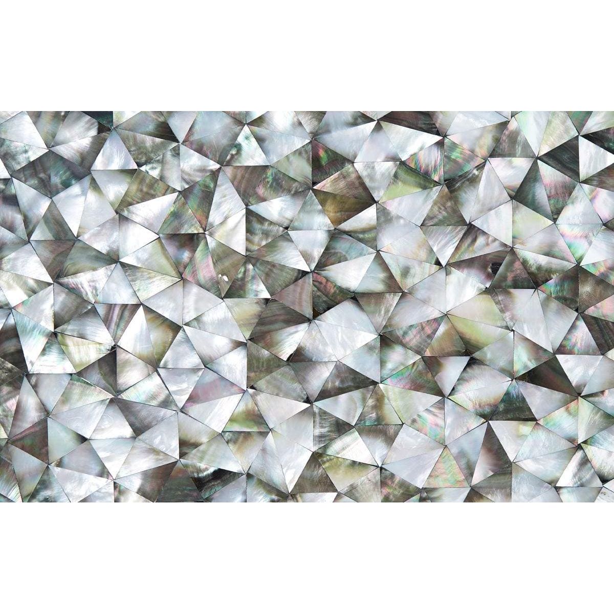Feature panel whisper with a shimmering mosaic of triangular mother-of-pearl pieces in a geometric pattern