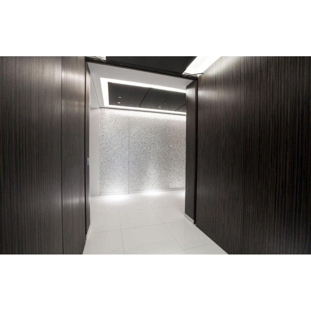 Feature Panel Whisper mosaic panelling in a dark wood hallway with recessed lighting