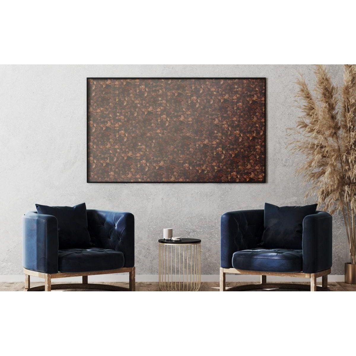 Feature panel whisper rectangular abstract painting with textured copper tones dark brown accents in a black frame