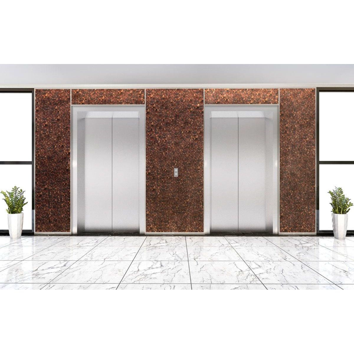 Feature Panel Whisper textured brown stone mosaic panel framing silver elevator doors