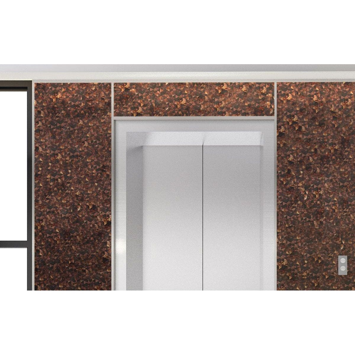Feature panel whisper copper textured mosaic wall framing silver metal elevator doors interior design detail