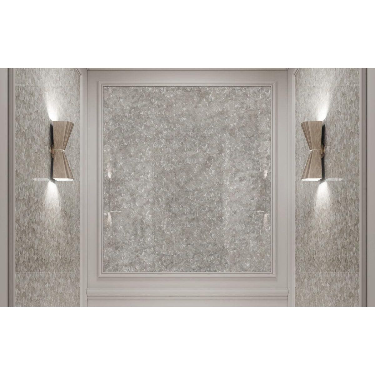 Feature Panel Whisper frosted glass mosaic panel flanked by silver wall sconces
