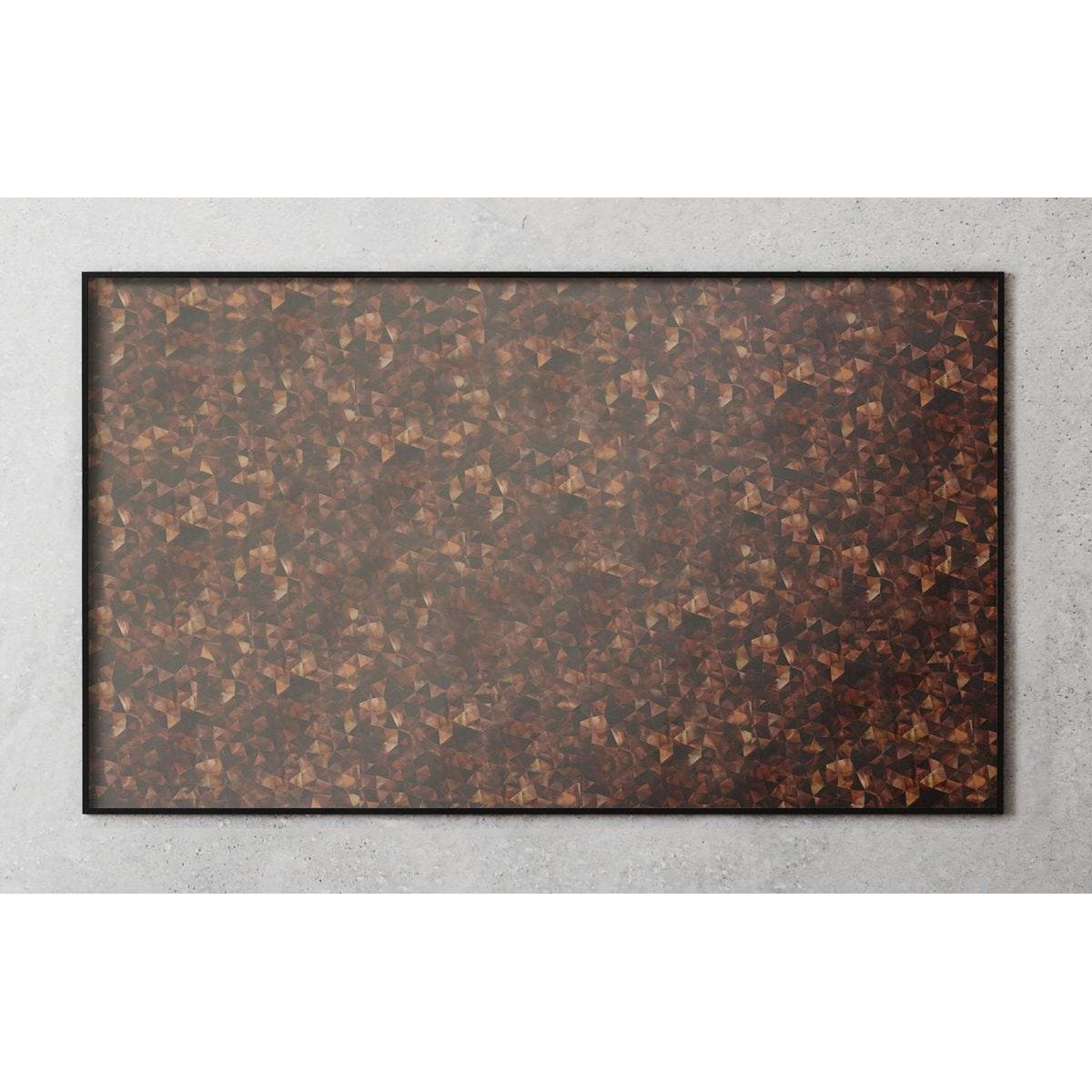 Rectangular framed artwork featuring a copper-toned geometric mosaic panel titled feature panel whisper