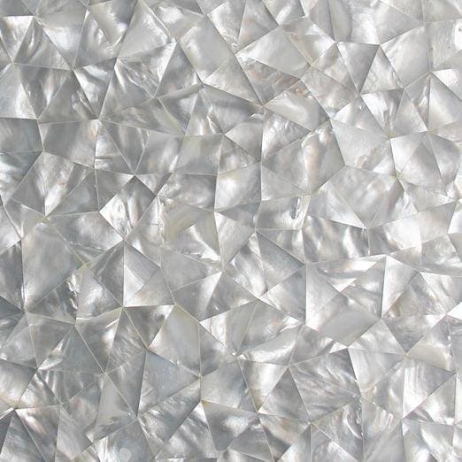 Silver mother-of-pearl mosaic tile featuring a geometric triangular pattern from feature panel whisper collection
