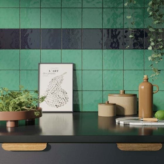 Green ceramic flash cobalt gloss wall tiles 130x130mm with matte finish and subtle texture arranged in a grid pattern