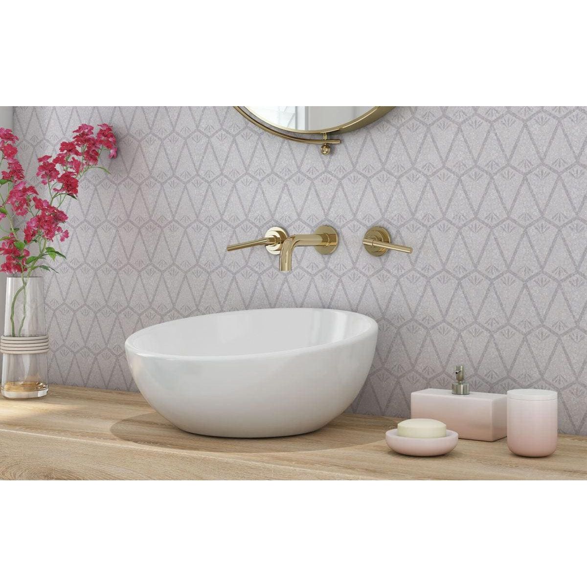 Foxglove white and gold mother-of-pearl mosaic panel with a white oval vessel sink