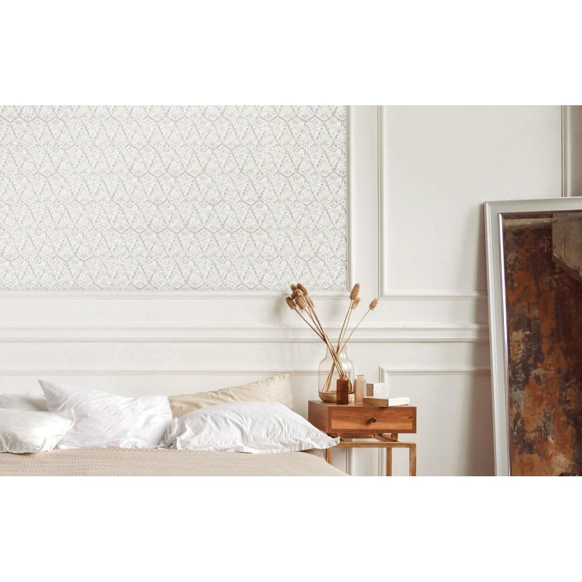Foxglove white wall panel with subtle silver geometric pattern for modern interior decoration