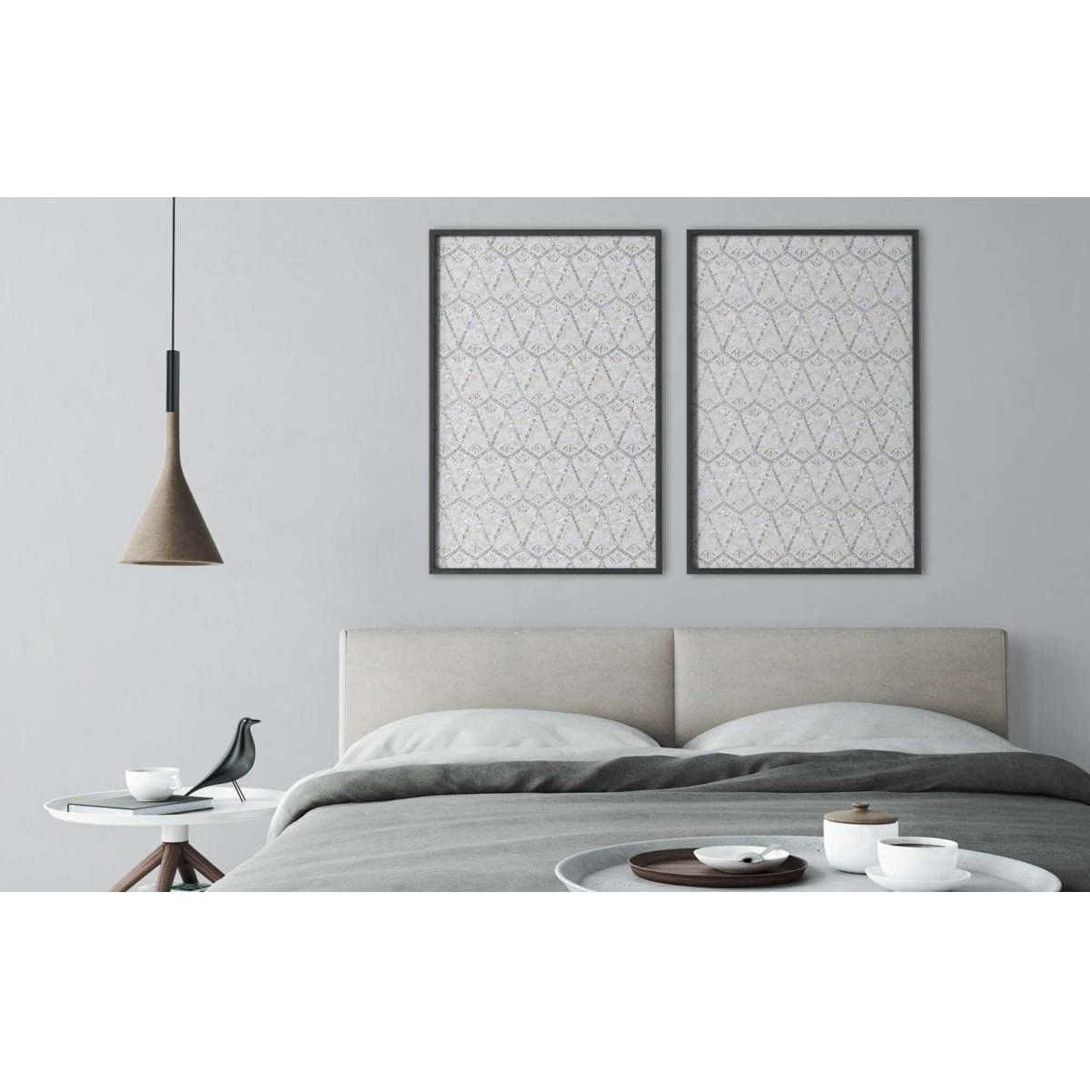 Foxglove mother-of-pearl mosaic panel with an upholstered bed and grey duvet