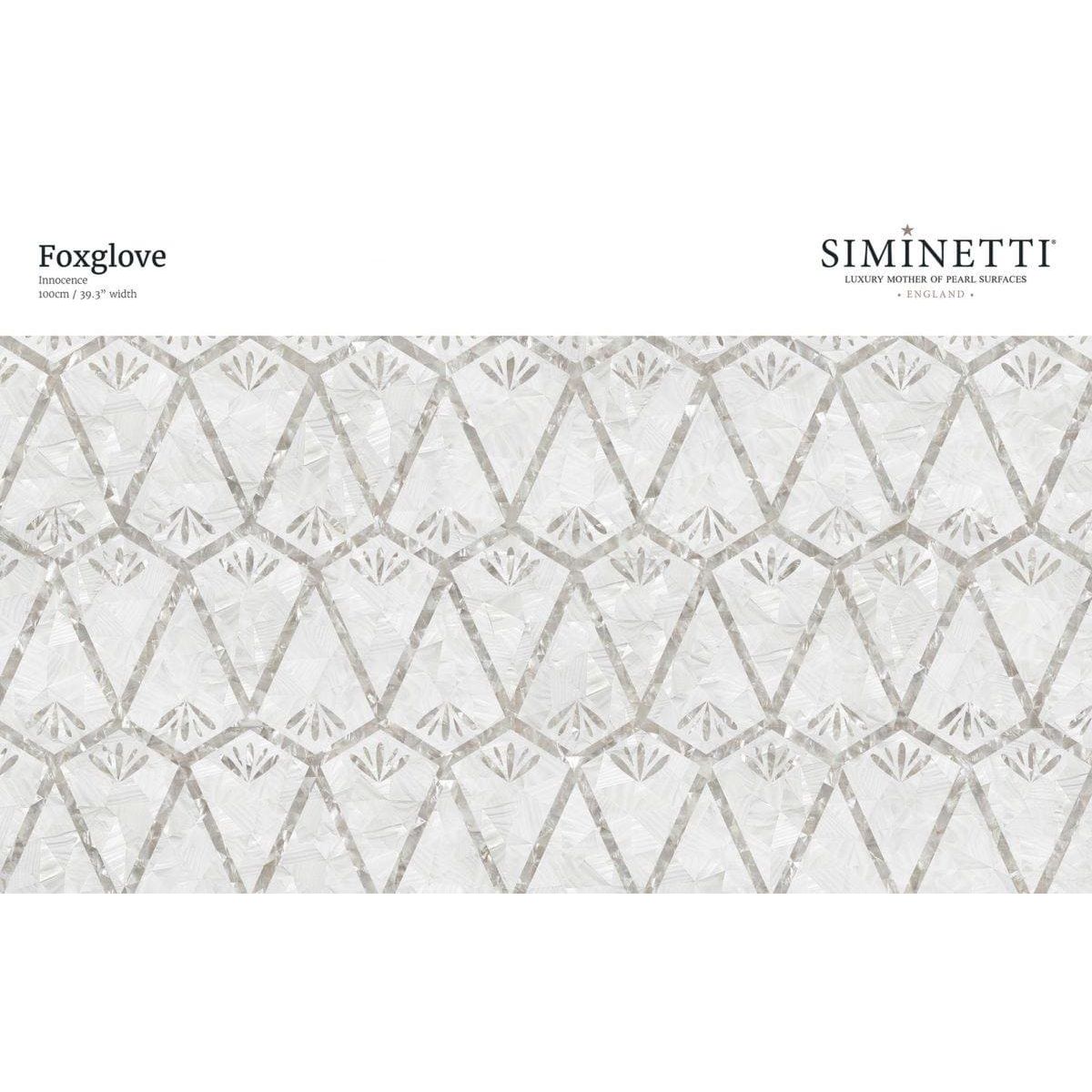 Foxglove innocence tile 100cm wide with silver-veined mother-of-pearl geometric triangles and stylized fan motifs