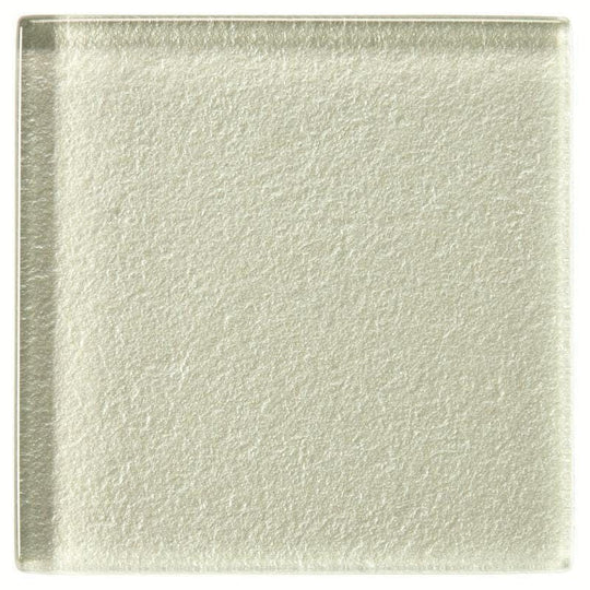 A square translucent galatea metallica glass tile with subtle texture and soft silver sheen