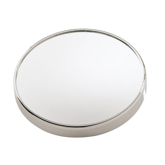 Silver-framed circular compact Gedy magnifying suction mirror with polished chrome metallic finish and sleek design
