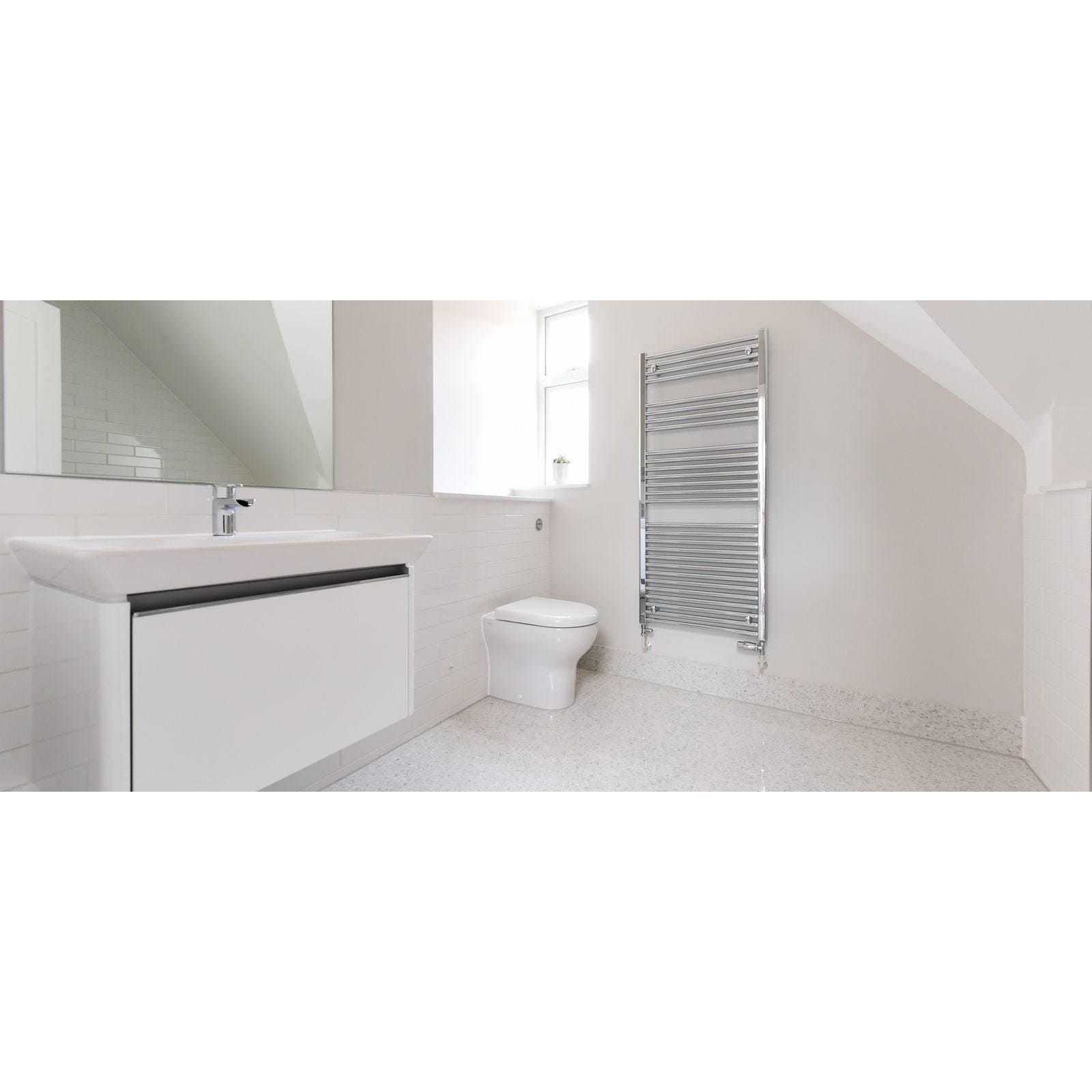 Chrome finished modern towel radiator with horizontal bars mounted on wall in white matt terrazzo gemstone tile background