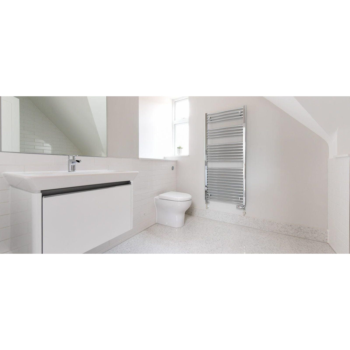 Gemstones Terrazzo White Matt 60 x 60cm white terrazzo tiles with a chrome towel radiator