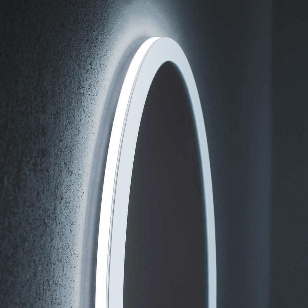 Grand Central mirror 60x100cm with a sleek oval shape white frame and integrated LED light strip illuminating the edge