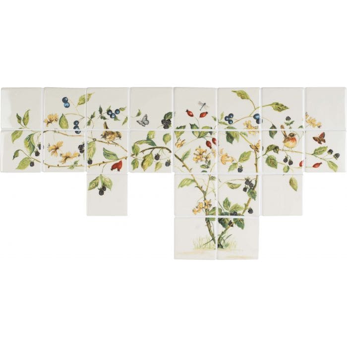 Beige ceramic hedgerow 22 tile set with delicate botanical illustrations in soft greens yellows reds and blues on off white