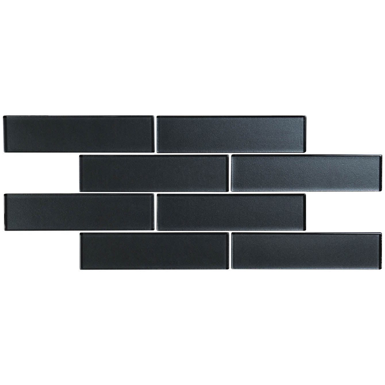 Black rectangular glass mosaic tiles in a staggered brick pattern from Hera brickbond mosaic collection