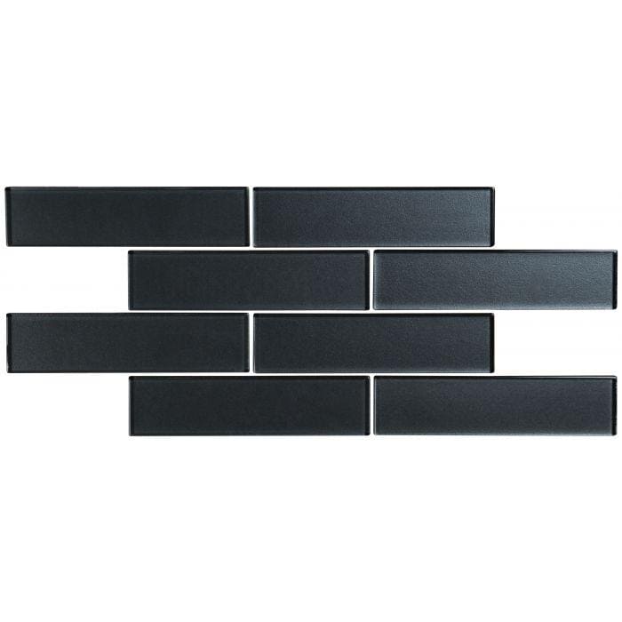 Black rectangular subway tiles in a staggered pattern from the Hera Brickbond Mosaic collection for wall use