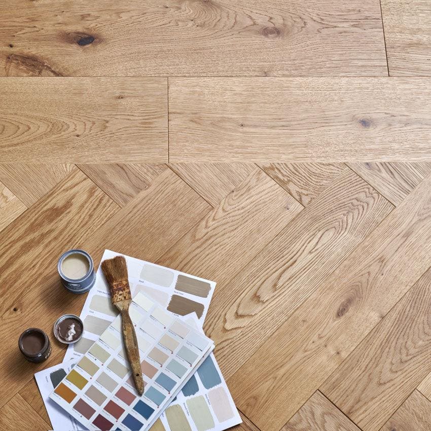 Light oak hardwood floor with herringbone pattern from highclere natural oak collection in natural oak finish