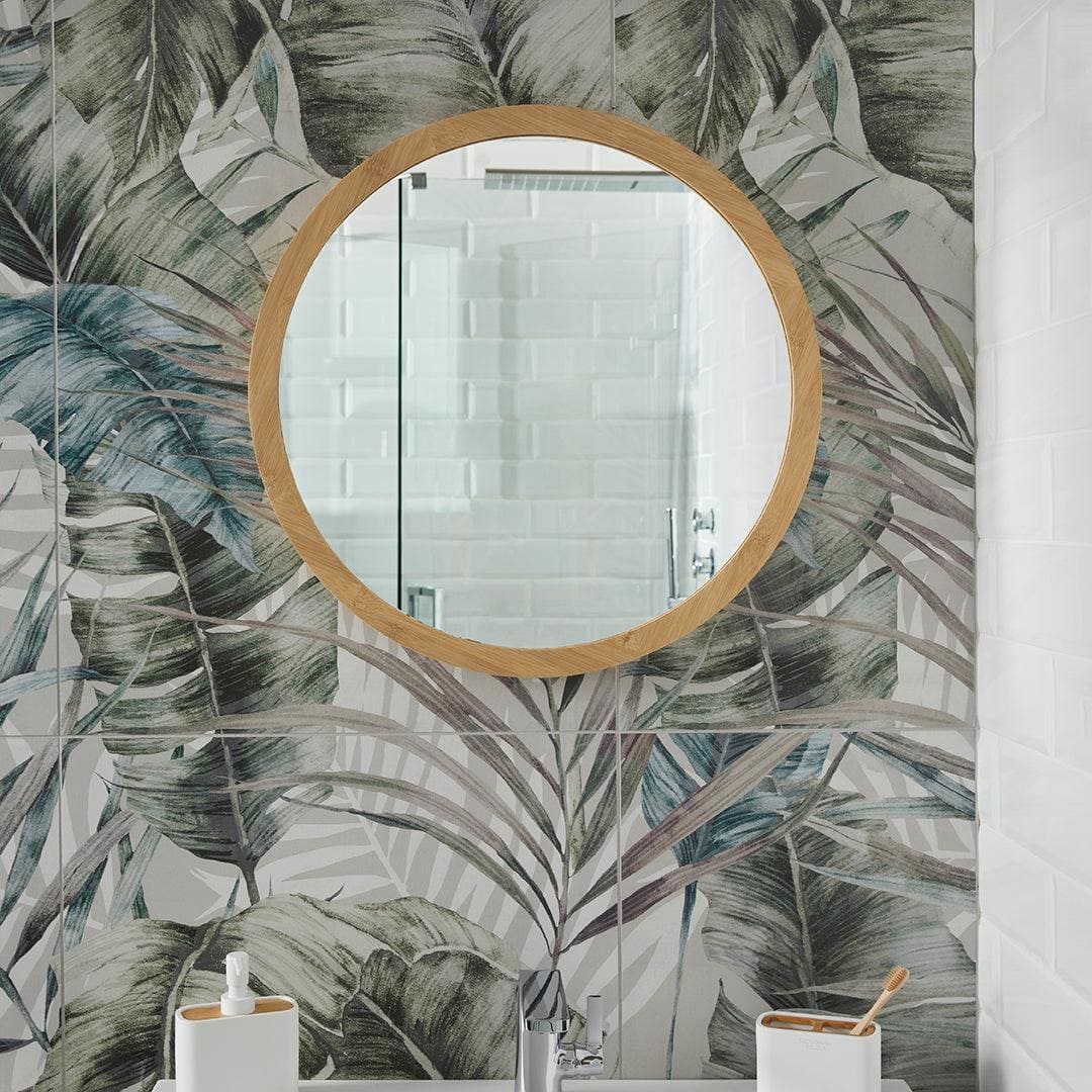 Round wooden-framed bathroom mirror kenji mirror round 60cm in bamboo with natural finish and simple design