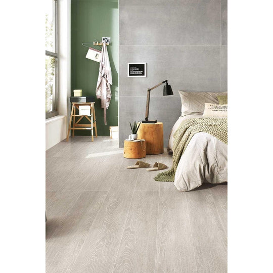 Kingfisher Cedar light grey wood-effect floor tiles with a matte finish