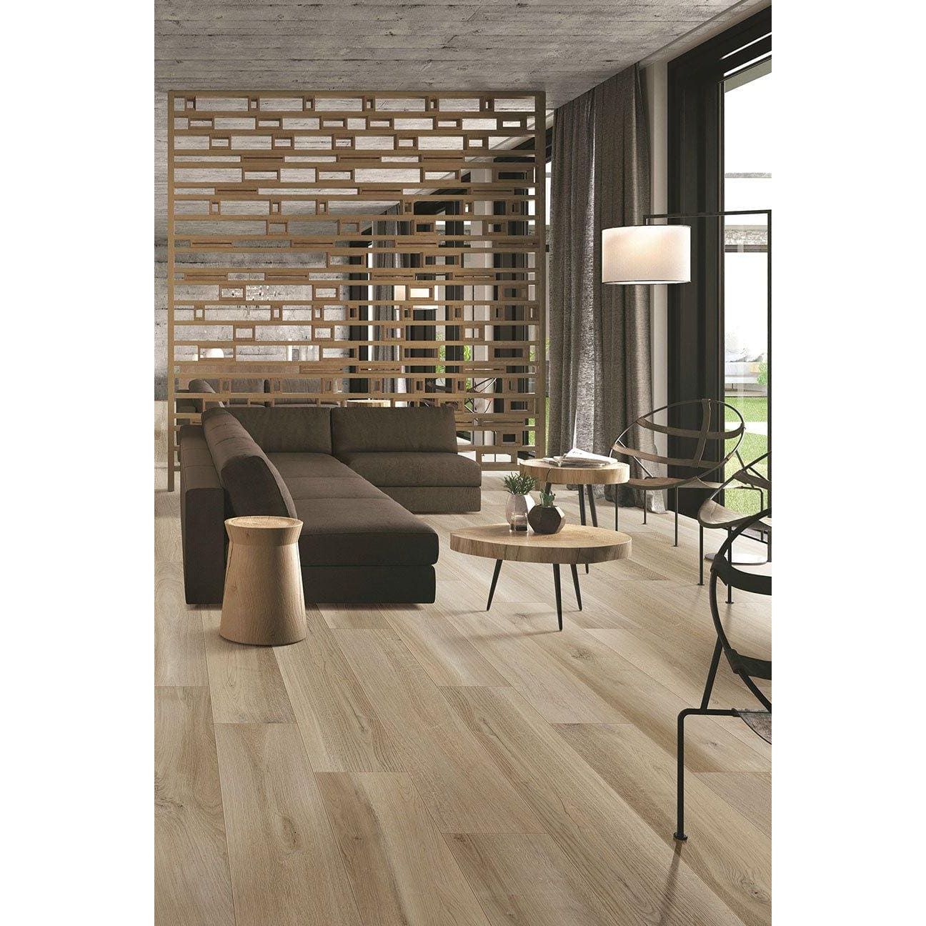Kingfisher Natural light oak wood-effect floor tiles with a natural grain pattern