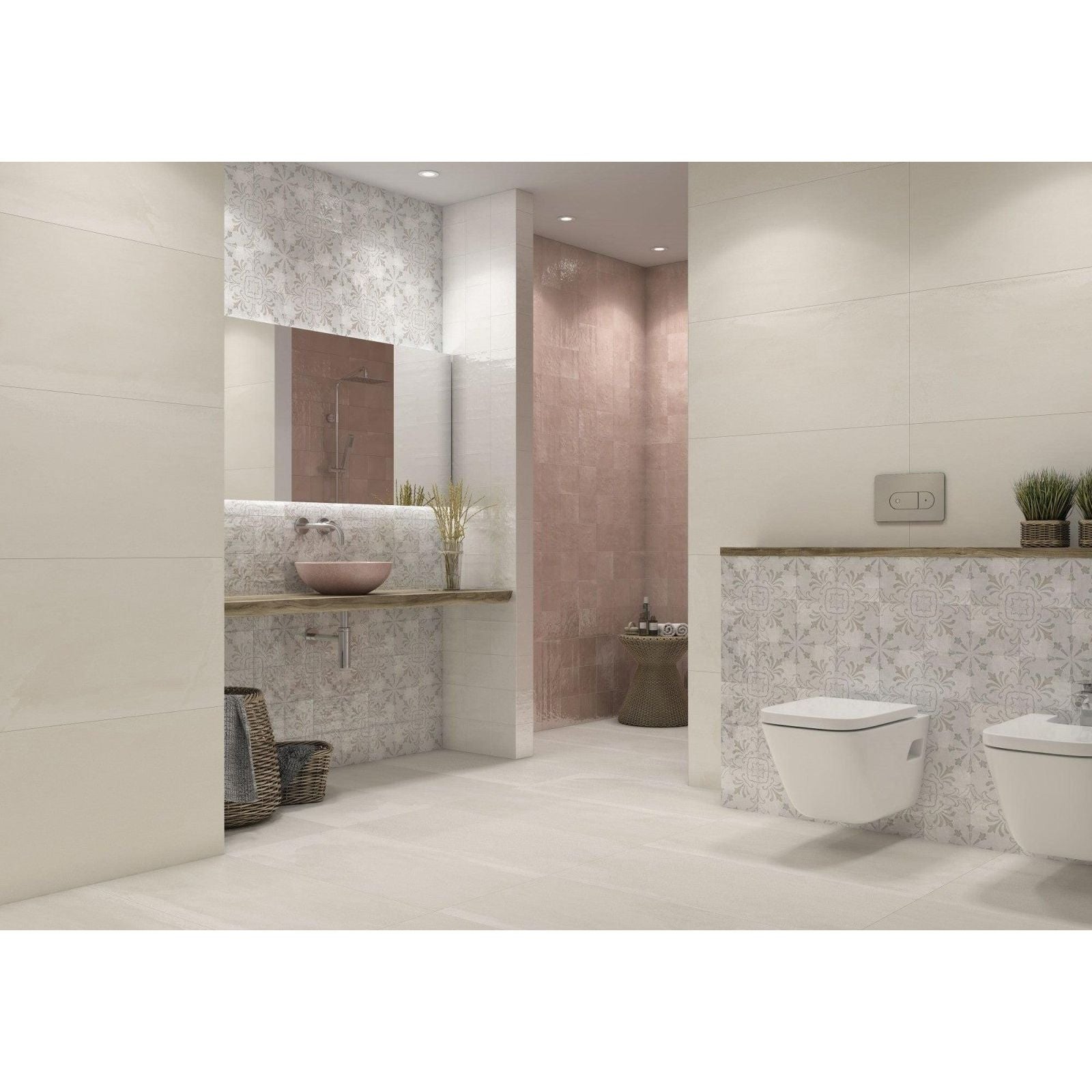 Modern bathroom with lavabo berlin flamingo featuring sleek white and soft pink tiles and a floating vanity sink
