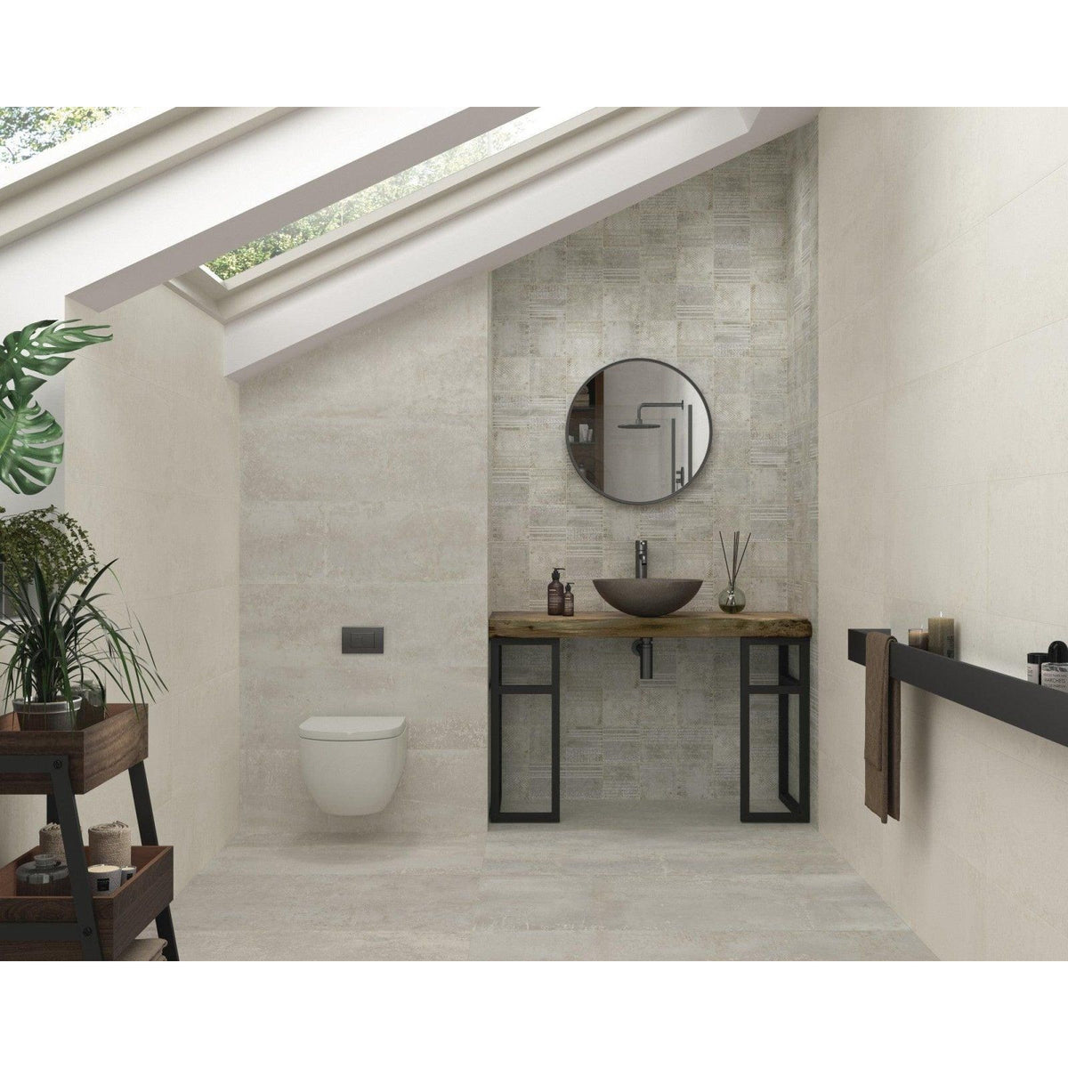 Modern bathroom featuring lavabo berlin graphite dark stone vessel sink on rustic wooden countertop below round mirror