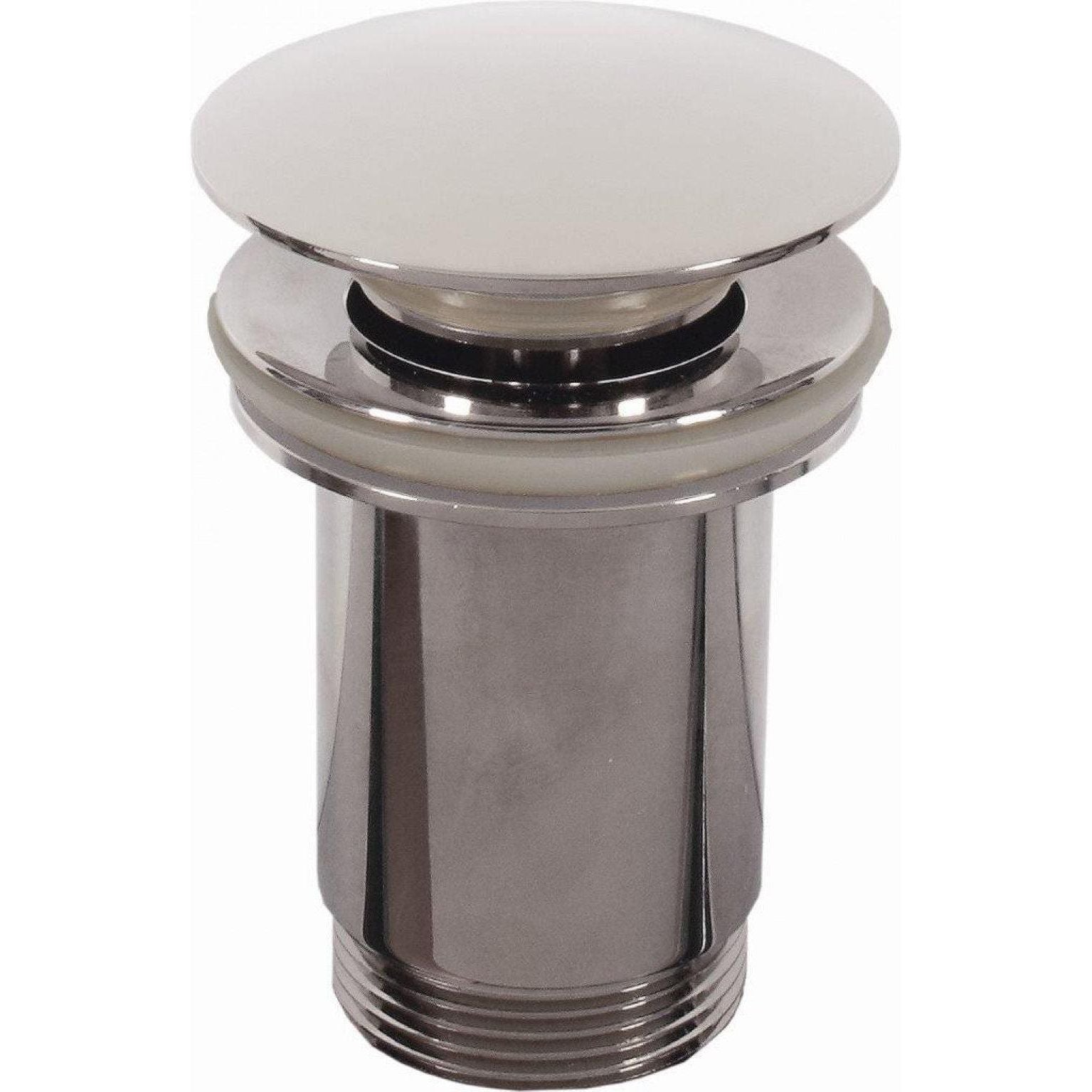 Shiny chrome-finished lavabo diurne sand sink drain with sleek circular push-button top and threaded base