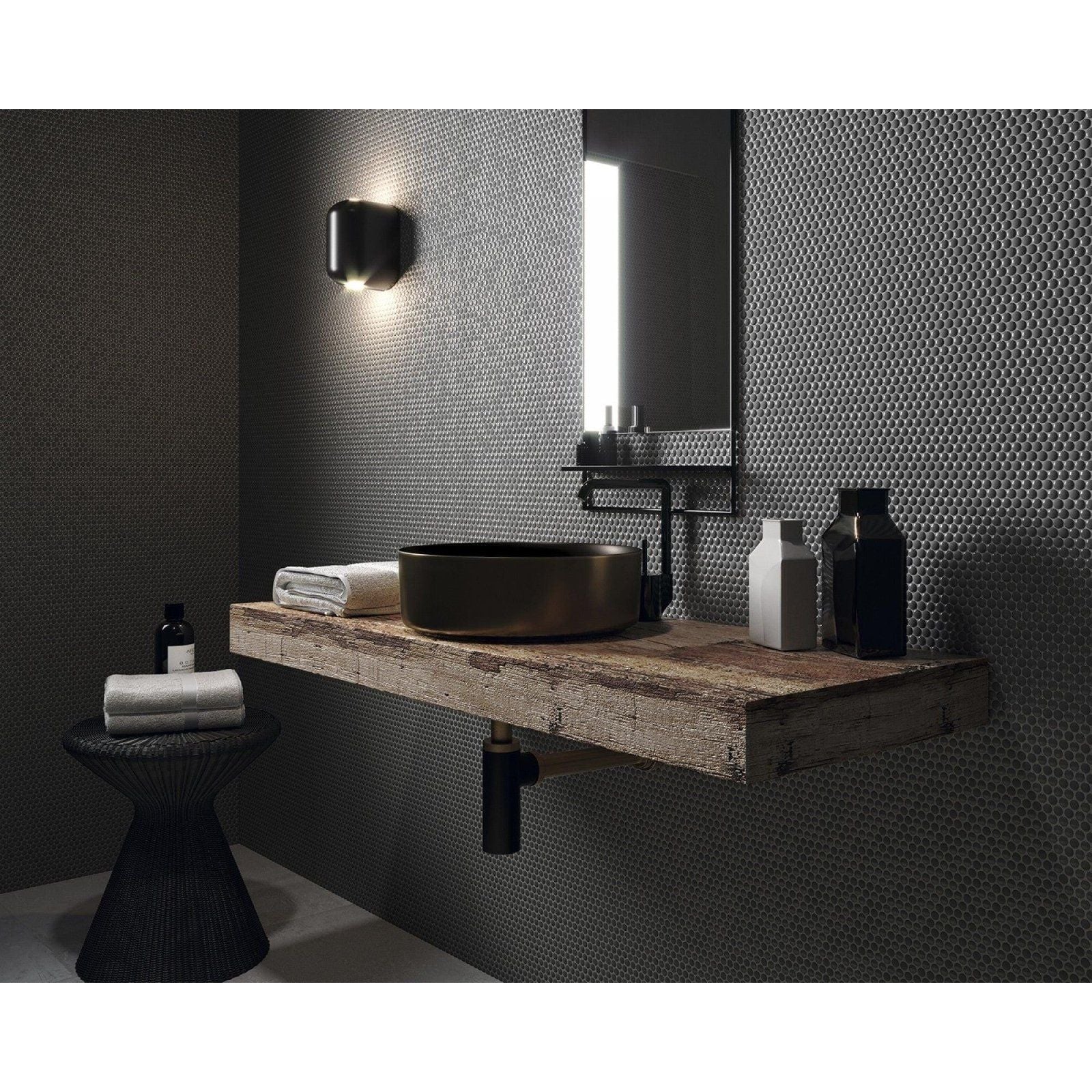 Dark bronze bowl sink with matte finish and rounded edges mounted on rustic wooden countertop lavabo extreme duo