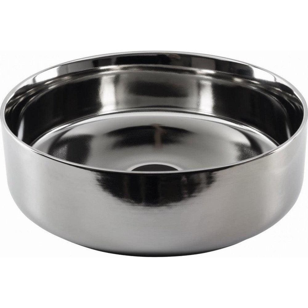Shiny stainless steel round lavabo extreme mercury sink basin with smooth reflective surface and central drain hole