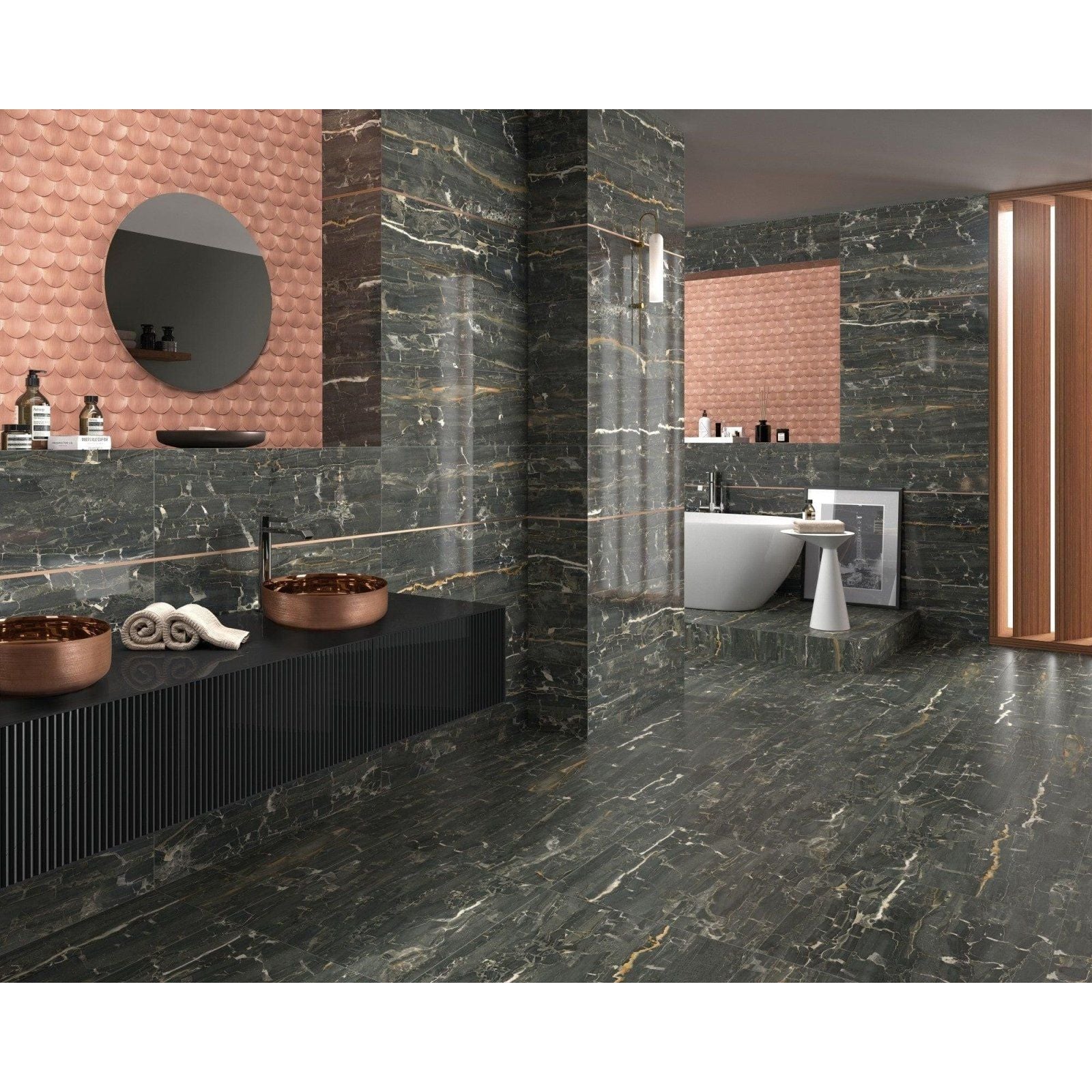Lavabo heller rose gold bathroom featuring dark green marble tiles with white and gold veining on walls floor and pillars